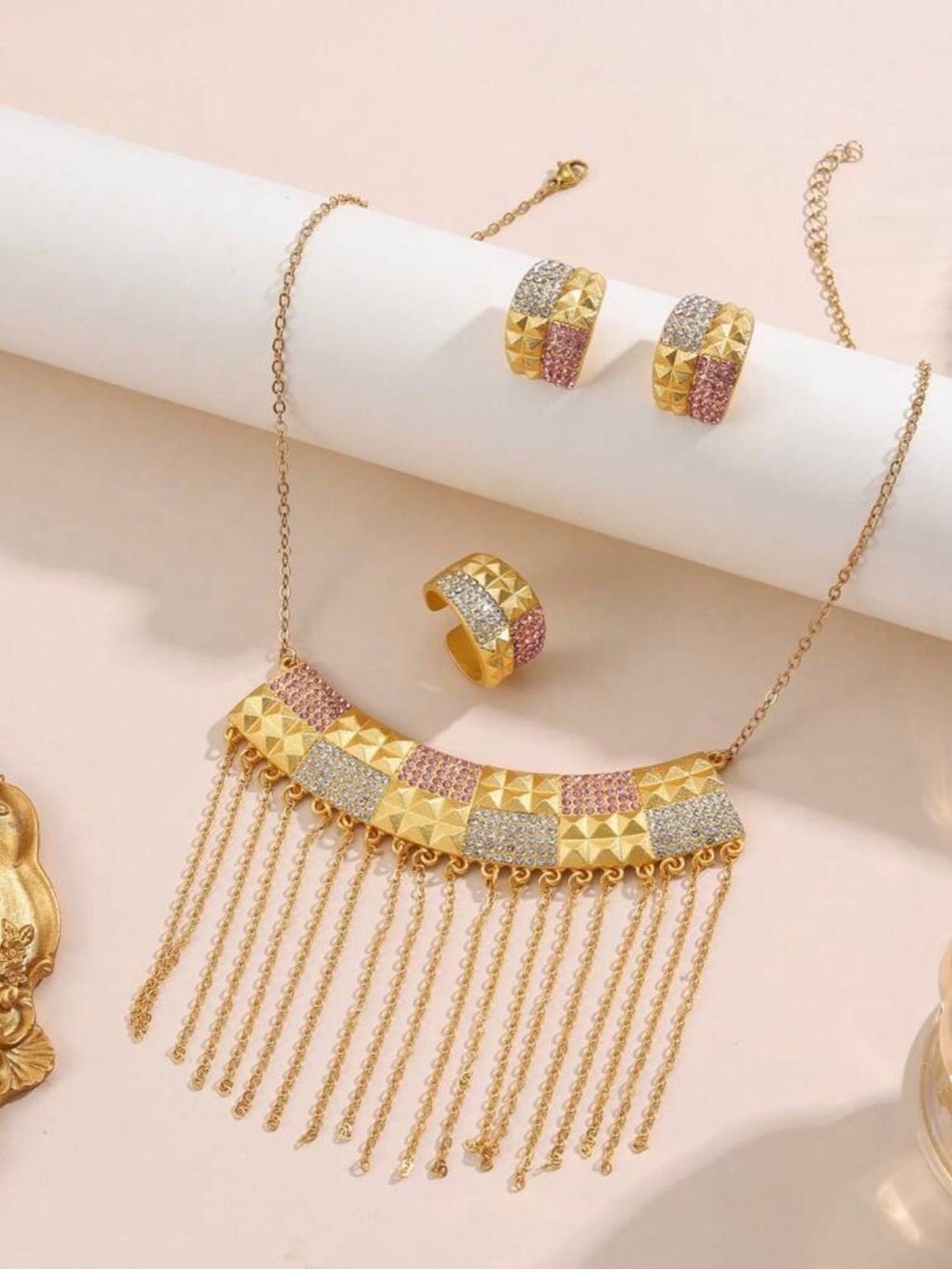 Gold, Pink & Silver Fringe Necklace Set